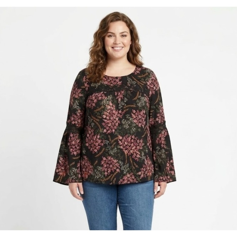 New Style & Co Black Purple‎ Floral Nylon Mesh Stretch Flare Sleeve Top XL Boho
